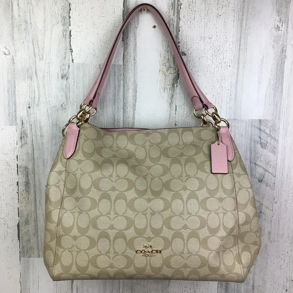 Coach Bags Coach Hallie Shoulder Bag Signature Coated Canvas Style No 8298 Euc Tan Pink Poshmark